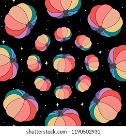 Hand Drawn rainbow pumpkin in space doodle pattern. Illustrations Drawing Vector Sketch for textile, print, postcard, text, invitation, poster