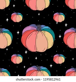 Hand Drawn rainbow pumpkin in space doodle pattern. Illustrations Drawing Vector Sketch for textile, print, postcard, text, invitation, poster