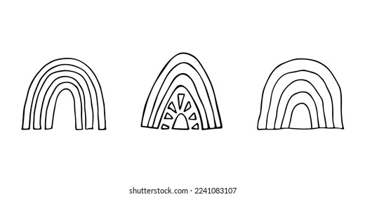Arcoíris dibujados a mano. Resumen de formas de arco iris clipart. Elementos de doodle para tarjeta, impresión, diseño