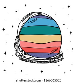 Hand Drawn rainbow space helmet art vector. Illustrations Drawing Vector Sketch for textile, print, postcard, text, invitation, poster, t-shirt, design,