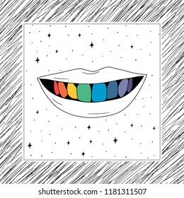 Hand Drawn rainbow teeth Doodle card. Illustrations Drawing Vector Sketch for textile, print, postcard, text, invitation, poster, background, book, t-shirt, wallpaper