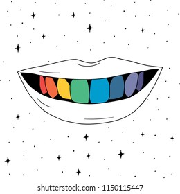 Hand Drawn rainbow teeth in smile mouth  card. Illustrations Drawing Vector Sketch for textile, print, postcard, text, invitation, poster, t-shirt, design,