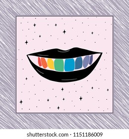 Hand Drawn rainbow teeth in smile mouth  card. Illustrations Drawing Vector Sketch for textile, print, postcard, text, invitation, poster, t-shirt, design,