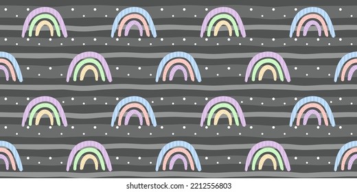 Hand drawn rainbow with textile texture on a grey striped background with white dots. Cute endless texture. Vector seamless pattern for surface texture, wrapping paper, packaging, printing on clothes