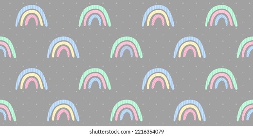 Hand drawn rainbow with textile texture on a gray background with polka dots. Cute endless texture. Vector seamless pattern for wallpaper, surface texture, cover, wrapping paper or printing on clothes