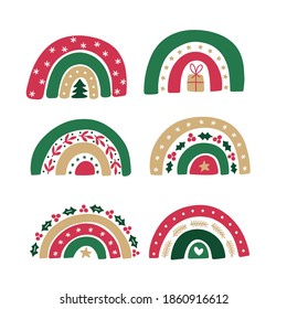 Hand drawn rainbow vector illustration set. Merry Christmas greeting card concept. Winter holiday season celebration design isolated on white background. Design for advertising, poster, flyer, banner, tag