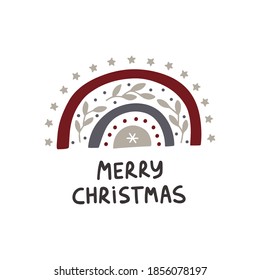 Hand drawn rainbow. Winter holiday season clipart. Scandinavian style. Merry Christmas quote. Vector illustration isolated on white background. Design for advertising, poster, flyer, banner.