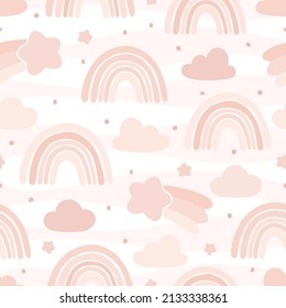 Hand drawn rainbows, cloud and star cartoon baby texture for fabric textile wallpaper apparel wrapping, Rainbow seamless vector pattern  background