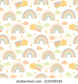 Hand drawn rainbows, cloud and star cartoon baby texture for fabric textile wallpaper apparel wrapping, Rainbow seamless vector pattern  background