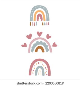 Hand Drawn Rainbows. Cute Set in Pastel Colors. Vector Isolated Elements. Scandinavian Style. Neutral Nursery Art Design for Room Decoration, Printing on Textiles or Wall Decal.