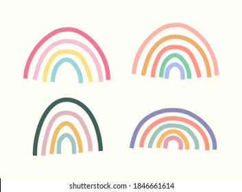 Hand drawn rainbows in minimalist scandinavian style. Modern baby, kid illustrations. Rainbow in different shapes. Colorful contemporary abstract art.