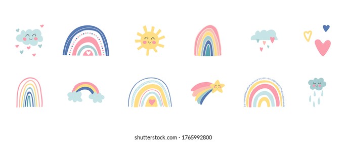 Hand drawn rainbows, sun, funny clouds, stars, hearts on white background. Baby shower. Cute kids nursery set. Lovely cartoon rainbows for wallpaper, fabric, wrapping, apparel. Vector illustration.