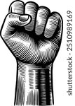 Hand drawn Raised Fist. Pumped Fist. Fist Pumping. Clenched Fist. Protest Hand Sign. Hand Gesture Sketch Illustration Engraving Woodcut Vintage Style Vector Line Art