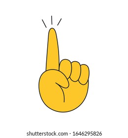 Hand drawn raising and lifting index finger up. Attention, listen, number one vigor hands gesture sketch concept. Flat line isolated vector illustration on white.