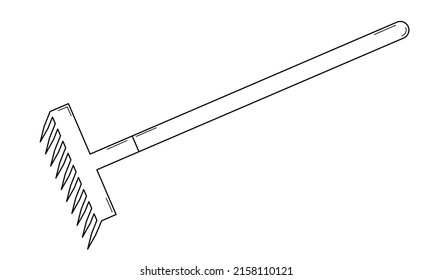 Hand drawn rake for gardening. Tool for cultivating soil and collecting leaves. Doodle style. Vector