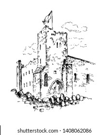Hand drawn Rakvere castle, Estonia. Medieval castle. 