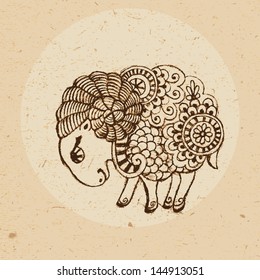 Hand drawn ram with elements of the ornament in ethnic style. Zodiac sign - Aries. Vector illustration