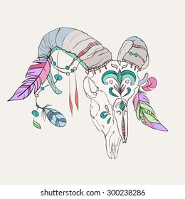 Hand drawn ram skull with feathers. Bohemian design