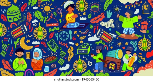 Hand drawn Ramadan Activity Praying, celebrated Illustration, Patern Vector Using for Card, website banner