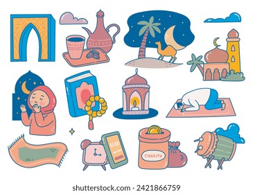 Hand Drawn Ramadan Cartoon Doodle, Islamic Celebration, Iftar Party, Eid Al Fitr Design Element