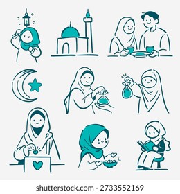 Hand drawn Ramadan doodle set with mosque, crescent moon, people in hijab, meal and donation icons