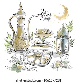 Hand Drawn Ramadan Eid Iftar Party Food Menu.  Arabian Watercolor Elements, Sweets, Lantern, Moon Vector Design On White Background For Card, Invitation, Poster, Banner.
