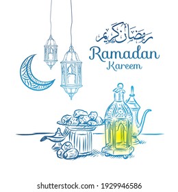 Hand drawn Ramadan Eid Iftar party food menu. Arabic elements, sweets, lantern vector.