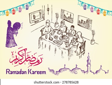 Hand Drawn Ramadan Festivity Image Themes with Ramadan Kareem Greeting in Arabic Calligraphy and English version of it. Editable EPS10 illustration