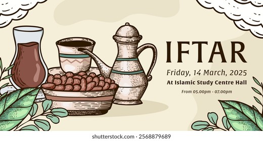 hand drawn ramadan iftar horizontal banner illustration