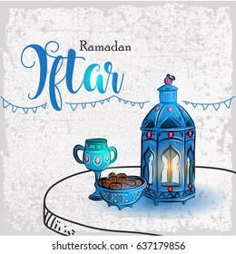 Hand drawn Ramadan Iftar with illustration of Blue Fanous Lantern and Sweet Dates for Islamic Holy Month, Ramadan Kareem, Iftar Party celebration.