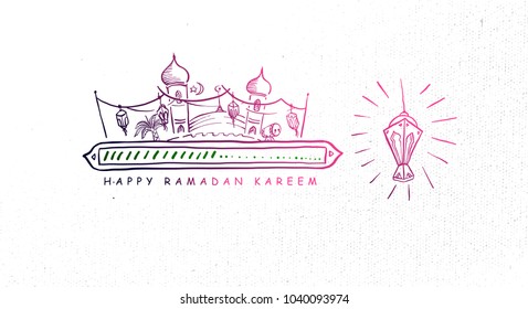 Hand Drawn Ramadan Kareem Background with Engraving Illustration of Fanous Lantern, Mosque and Arabian Desert. Vector eps.10
