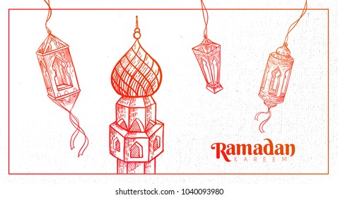 Hand Drawn Ramadan Kareem Background with Engraving Illustration of Fanous Lantern, Mosque and Arabian Desert. Vector eps.10