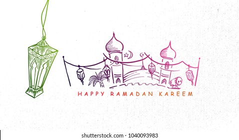 Hand Drawn Ramadan Kareem Background with Engraving Illustration of Fanous Lantern, Mosque and Arabian Desert. Vector eps.10