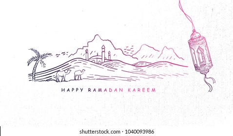 Hand Drawn Ramadan Kareem Background with Engraving Illustration of Fanous Lantern, Mosque and Arabian Desert. Vector eps.10