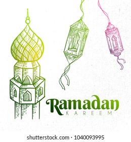 Hand Drawn Ramadan Kareem Background with Engraving Illustration of Fanous Lantern and Mosque. Vector eps.10