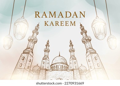 hand drawn ramadan kareem background illustration with mosque and lanterns