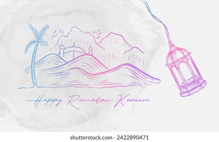 Traje de mano el fondo de Ramadan Kareem con ilustraciones grabadas de farolillos, mezquita y desierto árabe. Pasos vectores.10