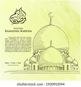 Hand drawn Ramadan Kareem design background with arabic text. Vector illustration for greeting cards, posters and banners