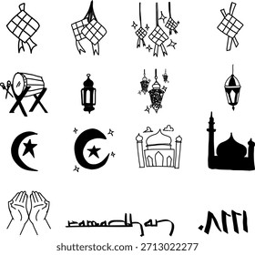 Dibujado a mano Ramadan Kareem y Eid Mubarak colección de Vector. Boceto de marcador áspero ketupat, mezquita, linterna, y conjunto de luna para celebración islámica. Aislado sobre fondo blanco.