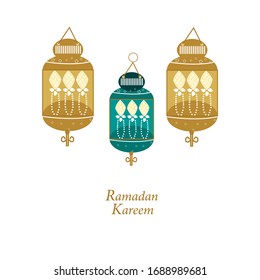 Hand drawn Ramadan Kareem gold and green colored with lamps, crescents and stars. Traditional lantern of Ramadan greeting card background