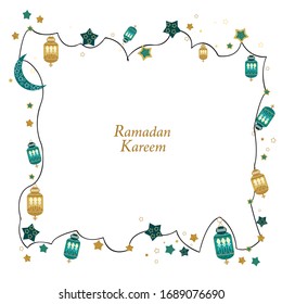 Hand drawn Ramadan Kareem gold and green colored with hanging lamps, crescents and stars frame. Traditional lantern of Ramadan greeting card background