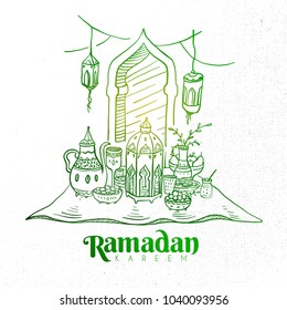 Desenhado à mão Ramadan Kareem Iftar Partido com Gravura Ilustração de Lanterna Fanous e Comida Iftar. Vector eps.10