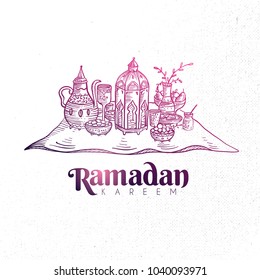 
Hand Drawn Ramadan Kareem Iftar Party with Engraving Illustration of Fanous Lantern and Iftar Food. Vector eps.10