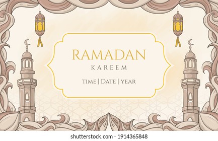 Hand drawn ramadan kareem with islamic ornament. perfect for greeting card or banner