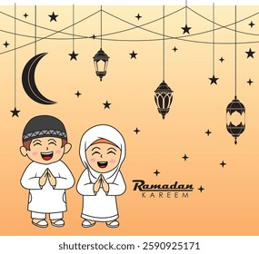 Hand drawn Ramadan Kareem and lantern background, beautiful greeting card design elements.