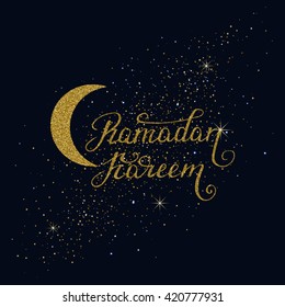  Hand drawn Ramadan Kareem lettering with gold glitter texture. Vector holiday illustration isolated on the starry night background.