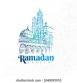 Hand Drawn Ramadan Kareem Mosque with grunge Background.Vector eps.10