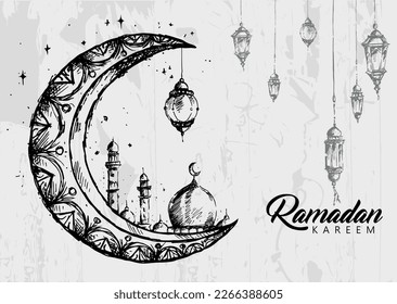 Hand drawn Ramadan Kareem and mosque, moon , lantern  background,beautiful greeting card design elements