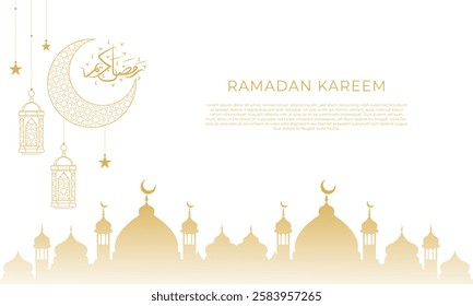 hand drawn ramadan kareem with mosque line art design banner .background design ramadan kareem card with lantern and crescent line style .vector illustration