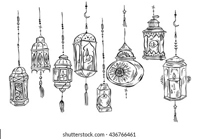 Hand drawn Ramadan Kareem and mosque background,beautiful greeting card design elements.Vector illustration with flashlights. Islamic Festival celebration.Arabic lined lanterns isolated on white.